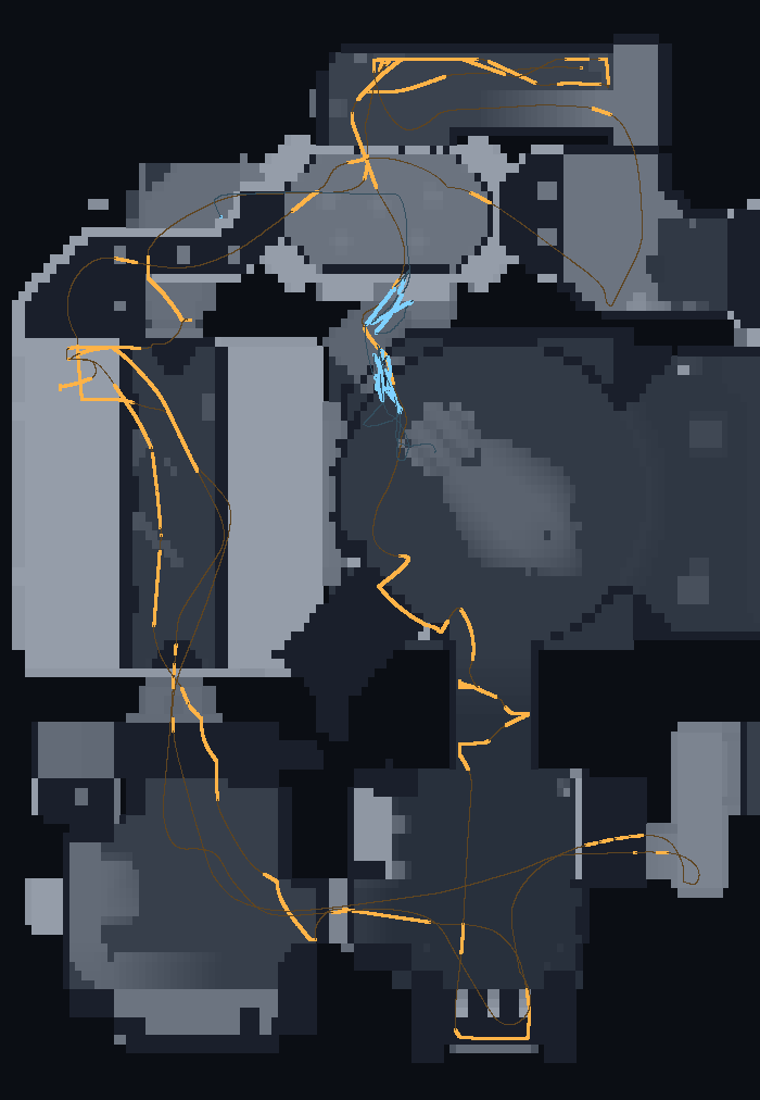 The floor plan of the map traced out of the recording, with the paths the players walked drawn over it.